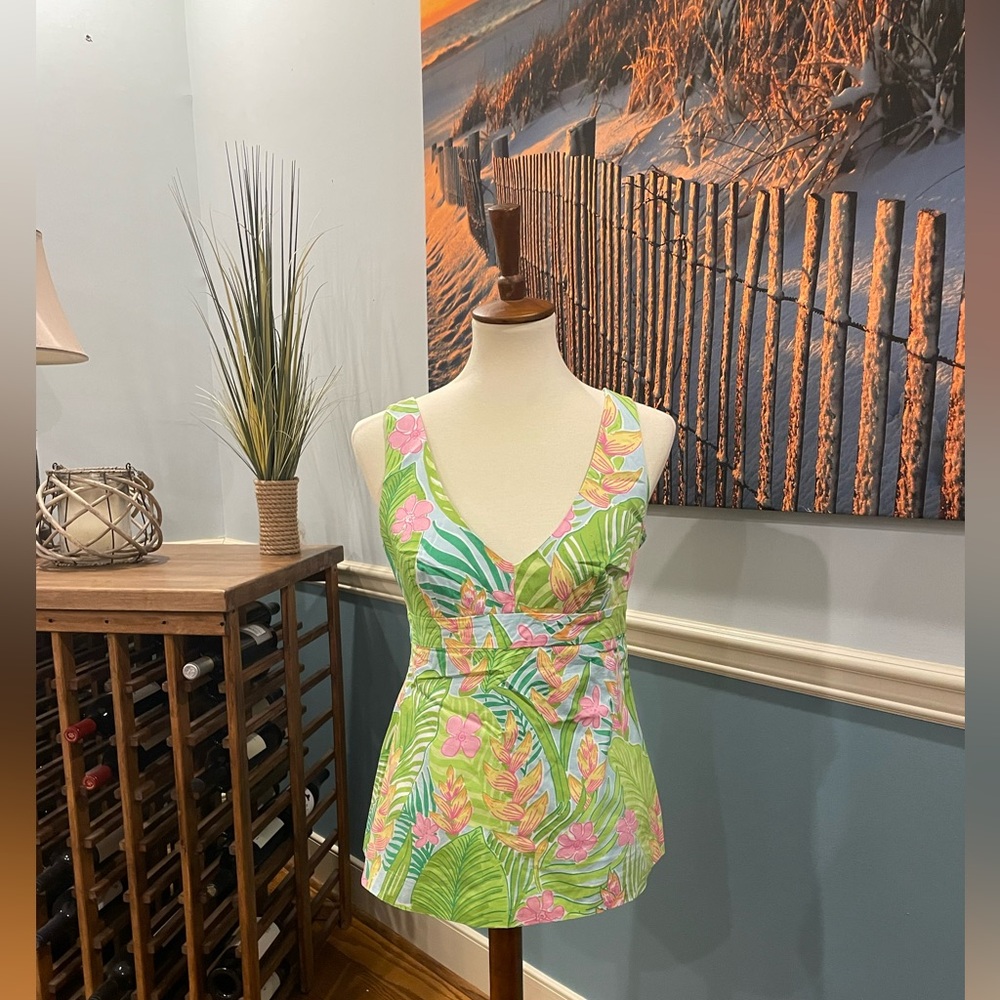 Lilly Pulitzer Green Pink Tropical Print V-Neck Tank Top